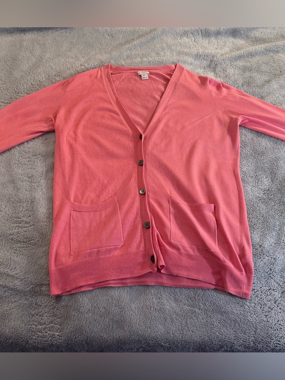 J. Crew Coral Pink V-Neck Button Cardigan with Patch Pockets
